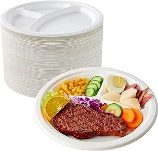 25 Pcs 10 Inch Biodegradable Heavy-Duty Compartment Plates, Super Rigid Bagasse Plates Biodegradable & Compostable ECO Friendly Dinner Party Plates Perfect for Everyday Use Party Picnic BBQ.