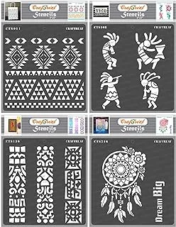 CrafTreat Tribal Stencils for Painting on Wood, Wall, Tile, Canvas, Paper and Floor - Aztec Borders, Kokopelli, Folk Art Borders and Dream Big - 4 Pcs - 6x6 Inches Each - Reusable DIY Craft Stencils