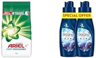 Ariel Fast Dissolving Laundry Detergent Powder, 9 KG + Downy Valley Dew Fabric Conditioner Value Pack, 2 x 1 Litre