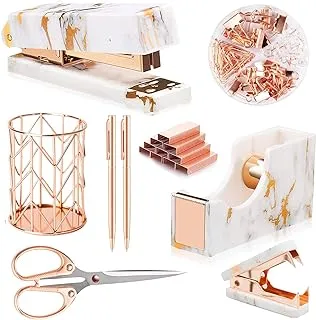 Rose Gold Marble Desk Accessories, Office Supplies Set Stapler Set Staple Remover, Tape Holder, Pen Holder, 2 Ballpoint Pen, Scissor, Binder Clips, Paper Clips and 1000pcs Staples