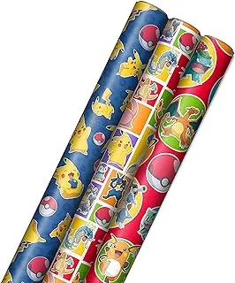 Hallmark Pokémon Wrapping Paper with Cutlines on Reverse (3 Rolls: 60 Sq. Ft. Ttl) with Pikachu, Charmander, Bulbasaur for Birthdays, Kids Parties, Gamers, Christmas Gifts