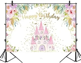 AMERTEER Princess Birthday Banner - Flowers Backdrop,Once Upon a Time Princess Castle Birthday Banner Fairy Princess Gold Dots Castle Birthday Party Decorations Supplies (3x5FT)