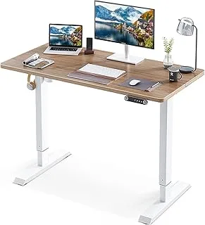 KKL 48-inch Height Adjustable Electric Standing Desk, 48 x 24 Inches Stand Up Desk with Splice Board and Hook, Sit Stand Desk with Greige Top and White Frame