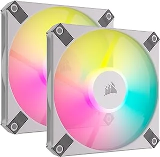 مجموعة مراوح Corsair AF120 RGB SLIM، مقاس 120 مم PWM Fluid Dynamic Bearing Fan - ملف تعريف رفيع للحالات الصغيرة - ضوضاء منخفضة - ما يصل إلى 2000 دورة في الدقيقة - 8 مصابيح RGB LED قابلة للتحكم - حزمة مزدوجة مع عقدة إضاءة أساسية - أبيض