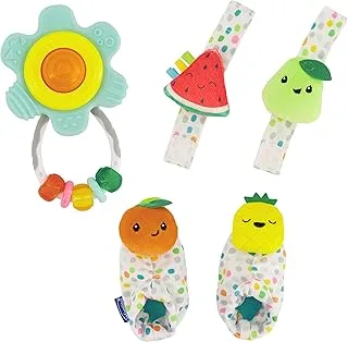 Infantino Baby's 1st Rattle Bundle Gift Set, Wrist Rattles, Foot Rattles, Spin & Teethe Gummy Rattle, Multicolor Fruit-Themed, 3-Piece Value Set for Babies 0M+