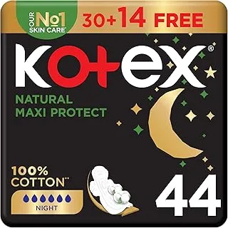 Kotex Natural Maxi Protect Thick Pads, 100% Cotton Pad, Overnight Protection Sanitary Pads with Wings, 44