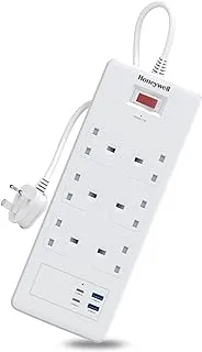 هانيويل 6 Out Surge Protector مع مفتاح رئيسي، Spike Guard / لوحة تمديد، 6 منافذ، 2xPD20W و2xUSB، 1050 جول، سلك 1.8 متر، DSW، حماية أوتوماتيكية من التحميل الزائد، ضمان 3 سنوات من الشركة المصنعة