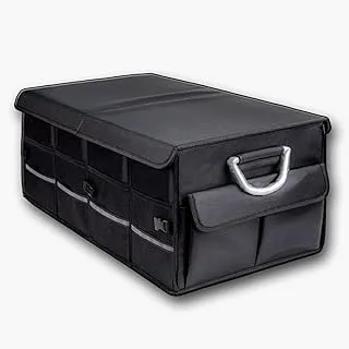 Car Trunk Organizer Holder, Auto Cargo storage Box, Container Boot Case with Foldable Cover Lid, Adjustable Pockets, Collapsible Multi-Compartment, Non-Slip Bottom, Waterproof Oxford–Black 23”/58cm