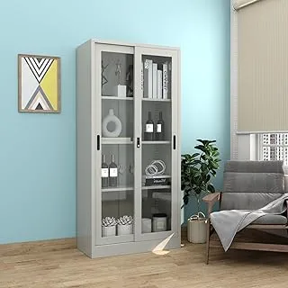 RIGID Glass and Steel Sliding Door Metal Filing Cupboard with Key Lock & Height Adjustable Shelves Storage Compartment for Office, Home (Grey)