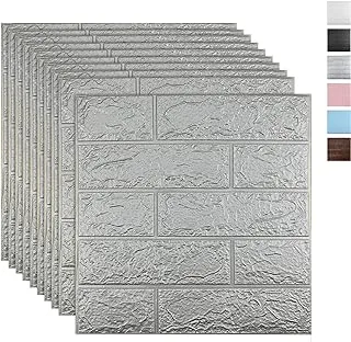 Sodeno 10 PCS Silver 3D Wall Panels, 14.5 sq.feet Coverage, Printable Wallpaper Sticker with Self-Adhesive Waterproof Brick PE Foam Wall Panels Peel and Stick for Interior Wall Decor Home Decoration