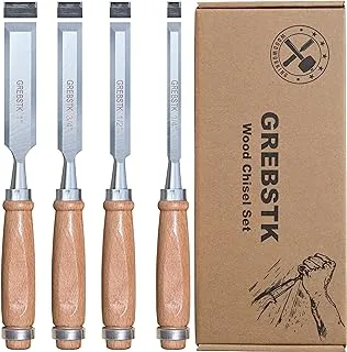 Professional Wood Chisel Tool Sets Sturdy Chrome Vanadium Steel Chisel Beech Handles Woodworking Tools, 4PCS, 1/4 inch,1/2 inch,3/4 inch,1 inch (Leather Bag)