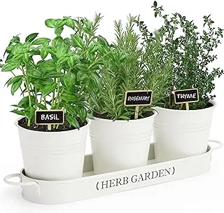 PERFNIQUE Indoor Herb Garden, Herb Garden Planter for Indoor/Outdoor, Farmhouse Plant Pots, Windowsill Herb Garden Kit with Tray, Window Pots for Indoor Plants (Off White)