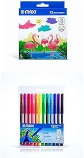 Maxi Regular Wax Crayons 12 Color + Washable Felt-Tip Pens In A Wallet 12 Colours