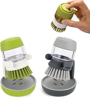 AMERTEER Soap Dispenser Palm Brush 2 Packs Multipurpose Plastic Cleaning Brush with Soap Dispenser and Storage Stand - Good Grip Perfect for Kitchen Sink, Dishwasher, Pots and Pans, Grey and Green