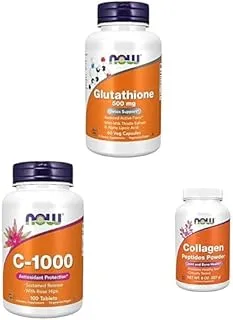 NOW Skin Brightening Bundle: Glutathione 500mg 60 Veg Capsules + Vitamin C-1000 Sustained Release with Rose hip, 100 Tablets + Collagen Peptides 8 Oz (227g).