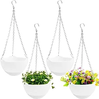 4 Pcs 8 inch Hanging Planter Pots,Self-Watering Round Hanging Basket with Water Tray and Metal Chain,Succulent Flower Plant Pot Container for Indoor Outdoor Garden Balcony Wall Decor,White