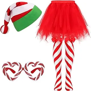 Christmas Costume Set Christmas Santa Hat Tutu Skirt Striped Tights Glitter Frame Christmas Glasses for Women Xmas Party