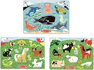 Melissa & Doug Animals Wooden Peg Puzzles Set Farm, Pets, and Ocean, Green,blue, 8079