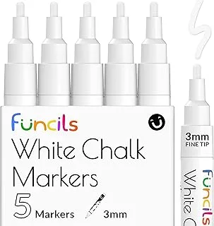 Funcils White Chalk Markers Fine Tip (5 Pack 3mm) - Chalkboard Markers, Liquid Chalk Marker Erasable - Thin Chalk Pens For Chalk Board, Blackboard, Glass, Car Window Markers - White Dry Erase Markers