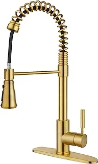 SOKA Kitchen Sink Faucet with Dual Function Solid Single Handle w/Deck Plate Pull Down Sprayer Spring Kitchen Faucet, Brushed Gold (SK5001AR)