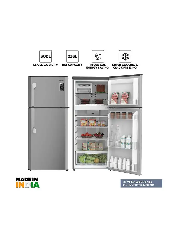 NIKAI 300L Gross / 233L Net, Double Door Refrigerator And Top Mount Frost Free Freezer, Toughened Glass Shelves, CFC Free Best For Home, Office And Restaurant, 10 Year Compressor Warranty, Made In India 398.95 kW NRF300FSS Grey