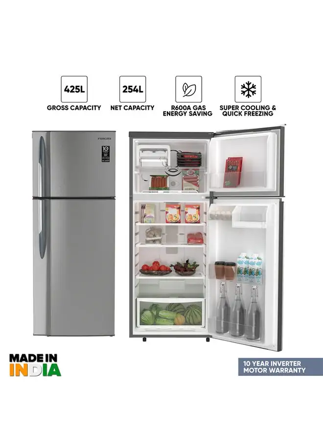 NIKAI 425L Gross / 254L Net, Double Door Top Mount Refrigerator, No Frost Fridge, Toughened Glass Shelves, R600A Refrigerant, Best For Home And Office, 10 Years Inverter Compressor Warranty, Made In India 400.04 kW NRF425FSS Grey