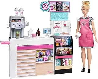 Barbie Coffee Shop with 12-in/30.40-cm Blonde Curvy Doll & 20+ Realistic Play Pieces