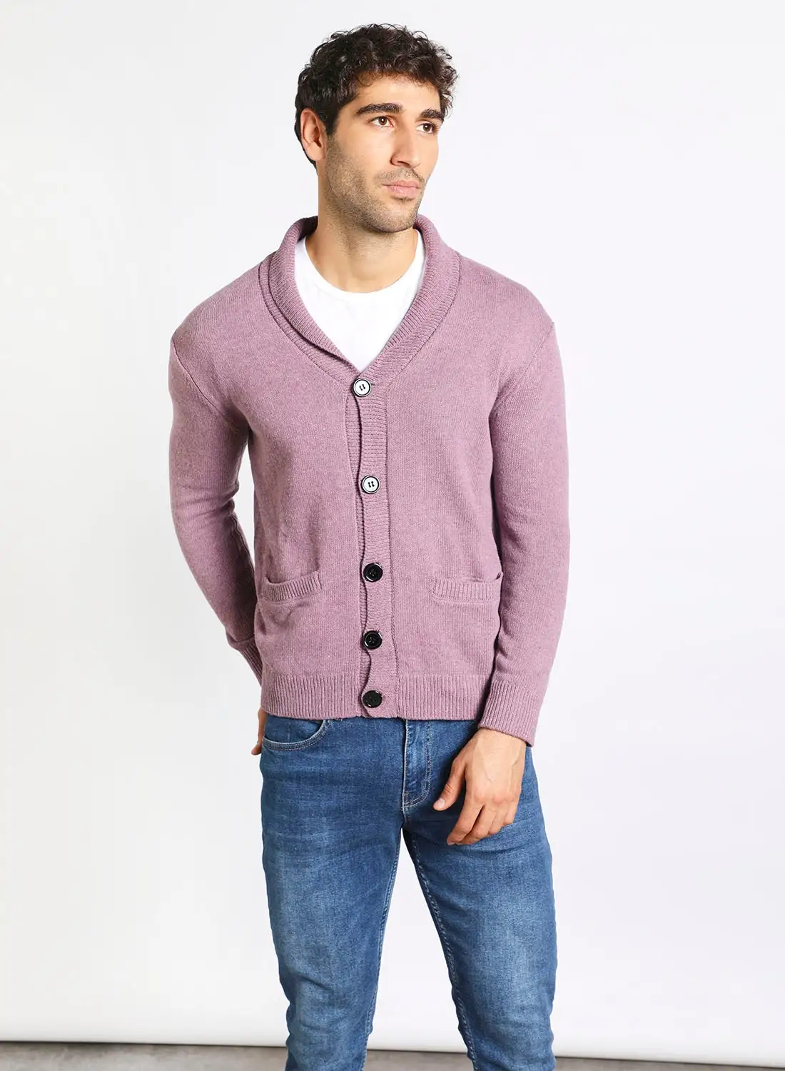 Noon East Men's Knitted Solid Button Detailed Wide Collar Full Sleeves Cardigans For Winters Light Purple