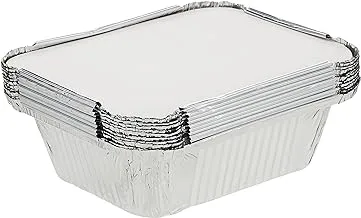 Disposable Aluminium Rectangle Containers 420ml With Lids Heavy Duty Aluminum Foil Trays Containers with Board Lids for Cooking, Roasting, Baking - Pack Of 10 Pieces.