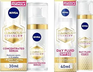 NIVEA LUMINOUS 630 EVEN GLOW Anti Dark Spot Bundle: Concentrated Face Serum, 30ml + Face Fluid SPF 50, 40ml