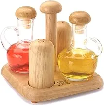 Billi Glass Oil & Vinegar Bottles And Salt & Pepper Shakers With Wooden Stand, Brown, Gw-619