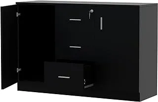 Mahmayi Melamine On Mdf Glass 1147 Credenza Contemporary & Tough Wooden Storage Cabinet With Three Drawer Storage -W120Cms X D40Cms X H80Cms (Black) ME1147BL