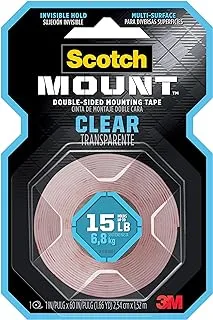 Scotch Mount Clear Tape 1 in x 60 in (2.54cm x 1.52m), 1 roll/pack | Holds 6.8 kg whole roll | Transparent color | Multi-Surface | Easy to use | No Tools | Double Sided Adhesive Tape