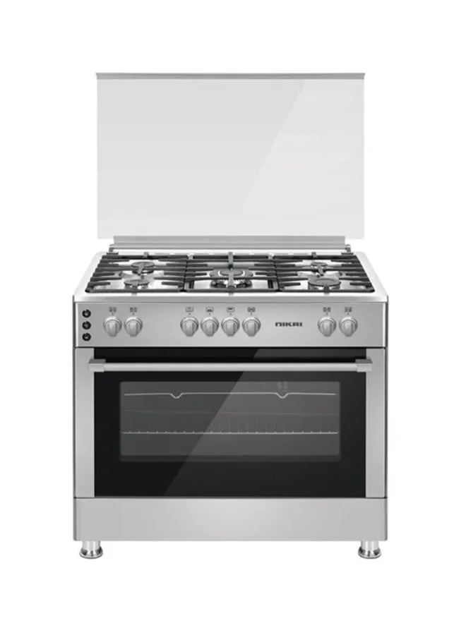 NIKAI 90x60cm 5 Burner FreestAnding Gas Cooker With Gas Grill And Oven, Ignition in Hob And Oven, Cooling Fan, Cast Iron Pan Supports, Timer, Close Door grilling, Turnspit, Made in Turkey U9066FSSPTN10 Silver