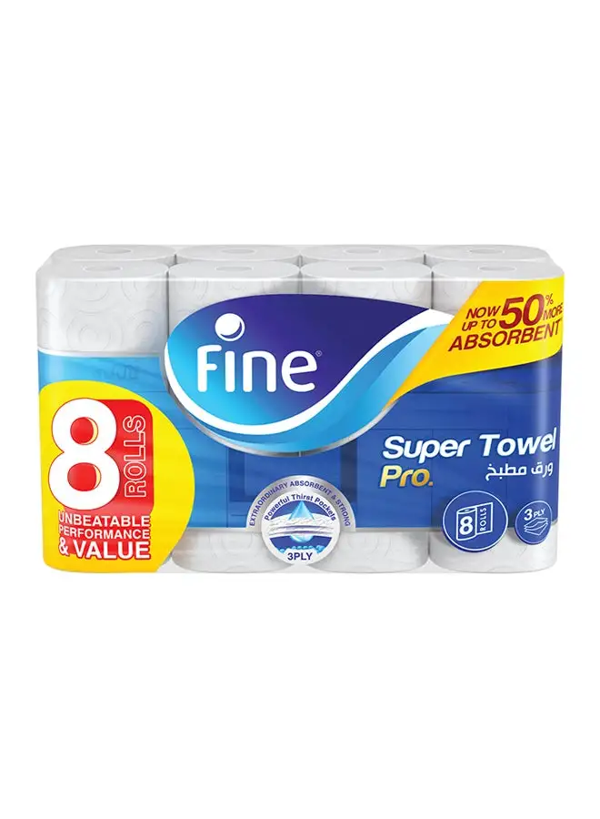 Fine Kitchen Paper Towel Super Pro, Sterilized Tissues For Germ Protection, Half Perforated 60 Sheets x 3 Ply, 8 Rolls White 26.5 x21cm