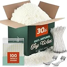 Hearth & Harbor Natural Soy Wax and DIY Candle Making Supplies -30 Lbs Soy Candle Wax Flakes w/ 300 Cotton Wicks, 6 Metal Centering Devices, White