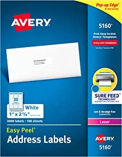 ملصقات عناوين Avery 5160 Easy Peel ، بيضاء ، 1 × 2-5 / 8 بوصة ، 3000 قطعة (عبوة من 1)