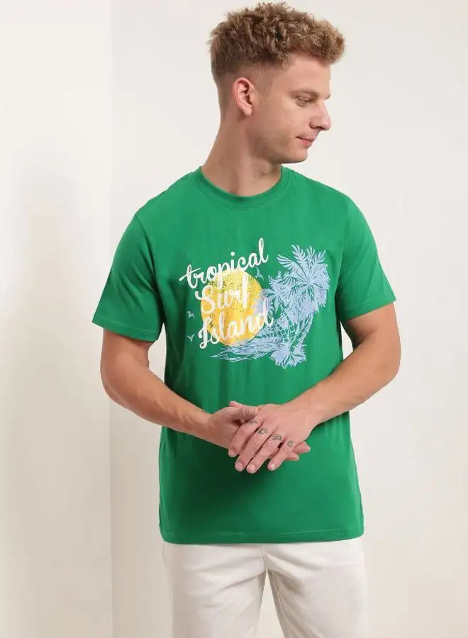 QUWA Graphic Printed Round Neck T-Shirt Leaf Green