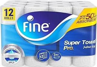 Fine Kitchen Paper Towel Roll, 60 Sheets X 3 Ply, 12 Rolls. Fine Super Towel Pro, Sterilized Tissues For Germ Protection, Half Perforated (packaging may vary)