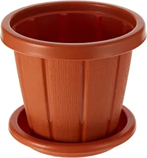 Cosmoplast Plastic Cedargrain Flower Pot Round 10” With Tray, Terracotta, 10-Inches