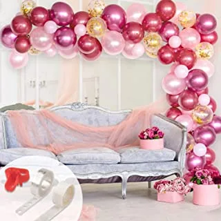 Balloon Arch & Garland Kit, Pink, Gold Confetti, Burgundy And Rose Metal Latex Balloons Set With 16Ft Balloon Strip Tape, Glue Points And 1Pcs Tying Tool For Wedding Birthday Party Decor, Medium