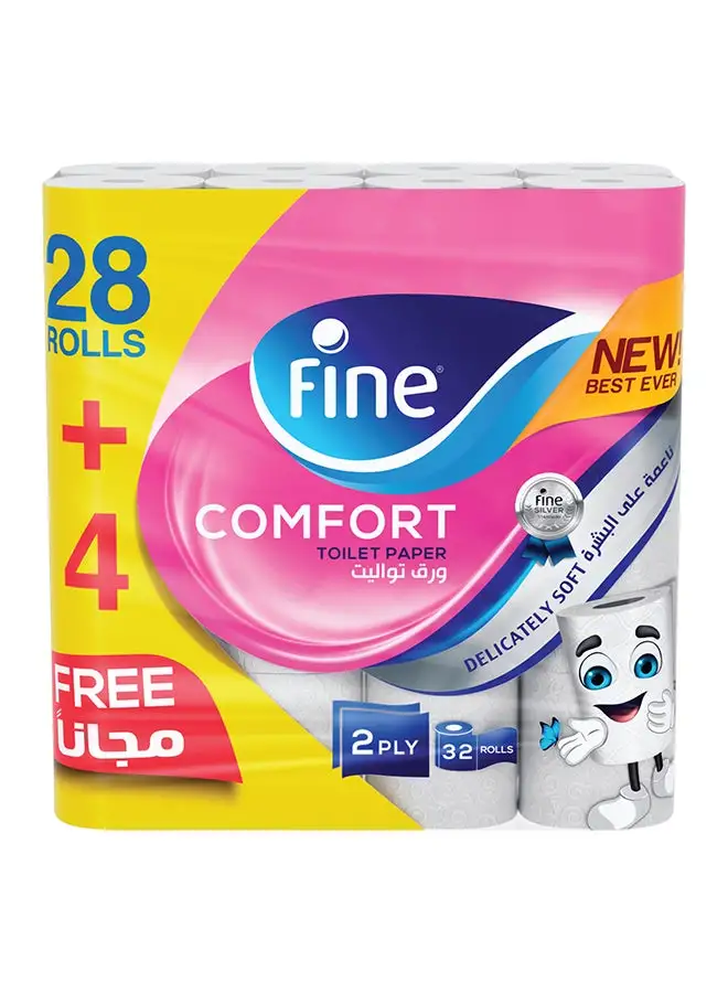 Fine Toilet Paper Tissue Comfort Sterilized For Germ Protection 180 Sheets x 2 Ply, 28 Rolls With 4 Free Rolls White