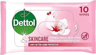 Dettol Skincare Antibacterial Skin Wipes for Use on Hands, Face, Neck etc, Protects Against 100 Illness Causing Germs, Pack of 10 Water