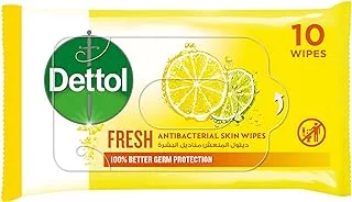 Dettol Fresh Antibacterial Skin Wipes for Use on Hands, Face, Neck etc, Protects Against 100 Illness Causing Germs, Pack of 10 Water Wipes