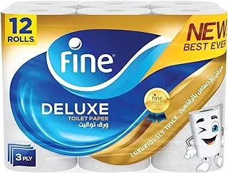 Fine Deluxe Toilet Paper 3 Ply, 12 Rolls x 140 Sheets, Highly Absorbent Toilet Roll, Premium Feel Softness Bathroom Tissue Roll, Sterilized for Germ Protection, Maximum Tissue Thickness