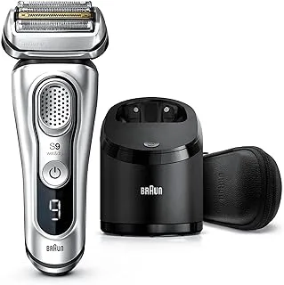 Braun Shaver 9390cc ، Braun Series 9 9390cc ماكينة حلاقة للاستخدام الرطب والجاف مع قاعدة Clean & Charge وحقيبة سفر جلدية ، فضي