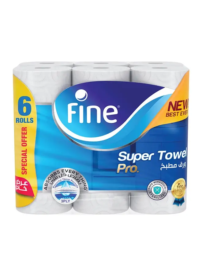 Fine Towel Pro, Highly Absorbent, Sterilized And Half Perforated Kitchen Paper Towel, 3 Ply Pack Of 6 White