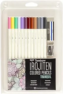 Tombow 51529 Irojiten مجموعة أقلام رصاص ملونة ، Tranquil. تتضمن 12 أقلام رصاص ملونة فاخرة ومبراة وممحاة أقلام رصاص ملونة