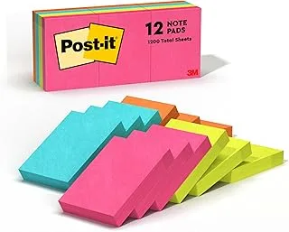 Post-it Notes Neon Colors 653AN 1.5 x 2 in (38 mm x 51 mm), 12 pads/pack | Assorted Colors | Sticky Notes | For Note Taking, To Do Lists and Reminders | Clean Removal | Recyclable | 100 sheets/pad