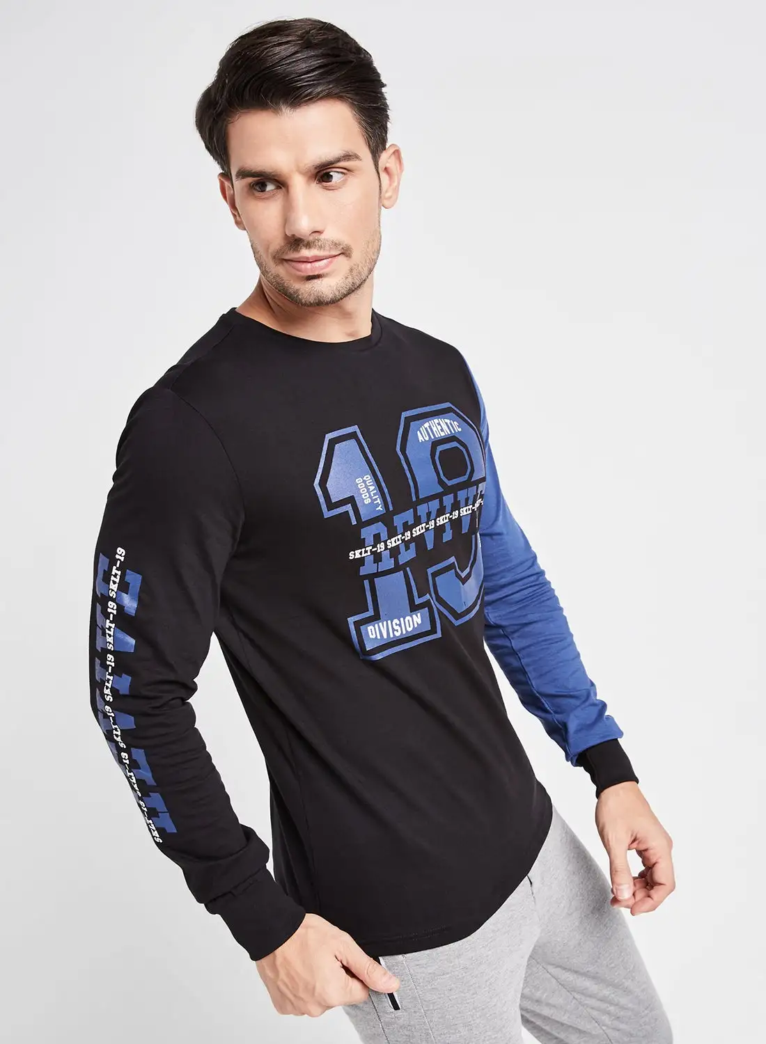 SKULT Text Graphic Contrast Long Sleeve T-Shirt Black/Blue